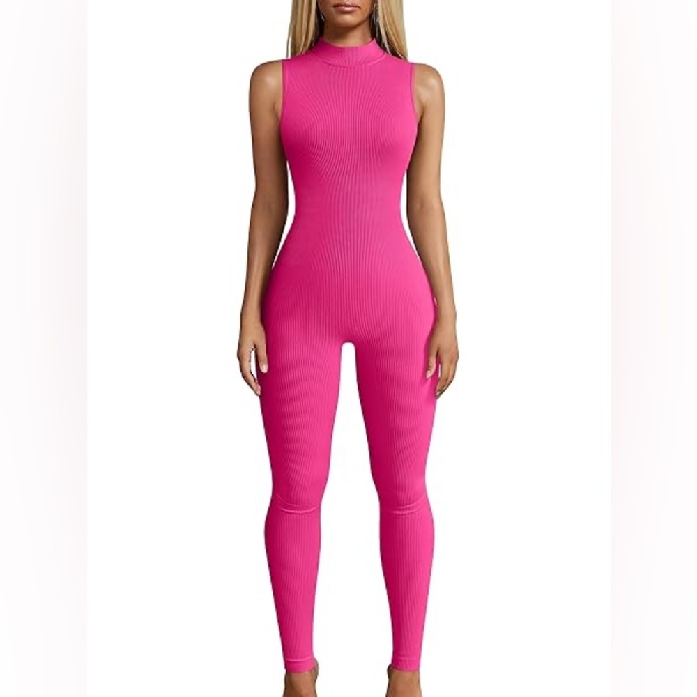 Pink Ribbed Sleeveless Jumpsuit! Invisible Back Zipper! Spring Casual Athletic
